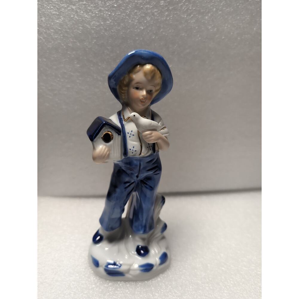 COUNTRY GIRL PORCELAIN FIGURE BLONDE GIRL W/BIRD & BIRD HOUSE BLUE OVERALLS/HAT